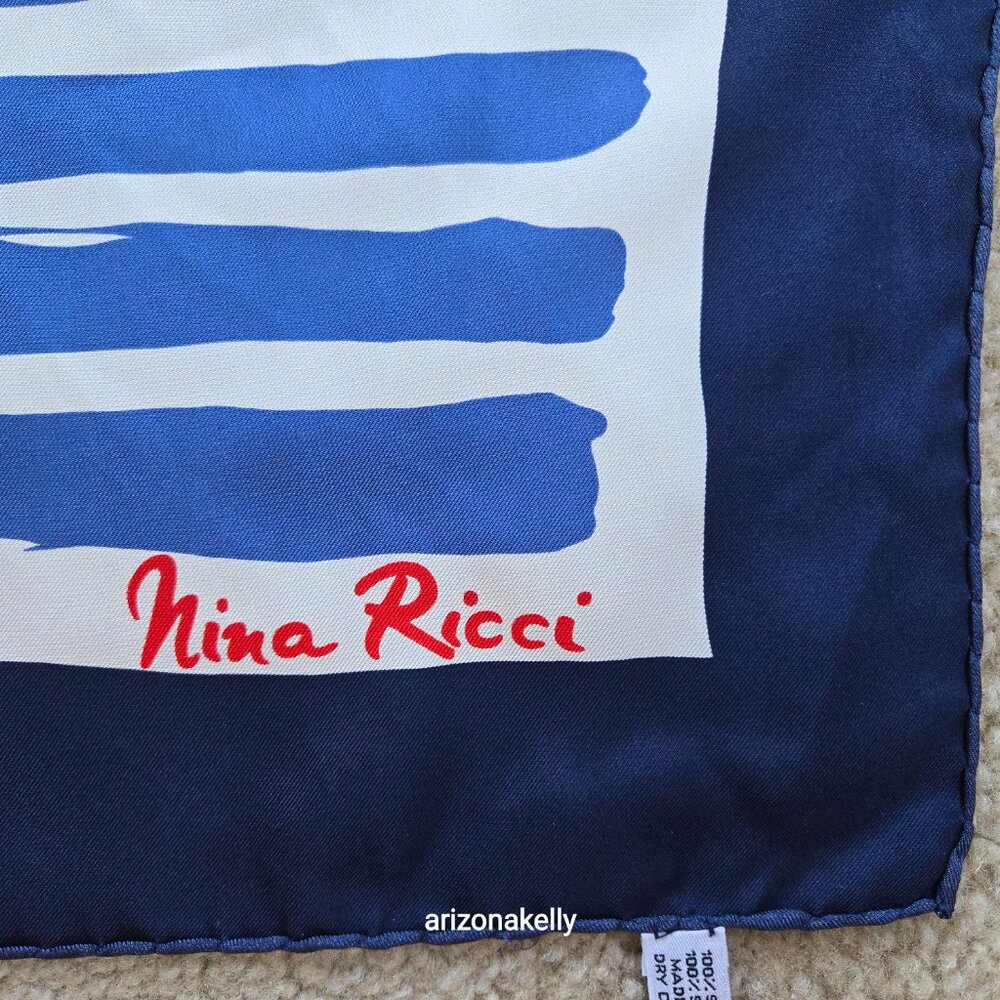 Nina Ricci Silk Twill Square Scarf Hand-rolled Red White Blue Heart - Picture 2 of 7